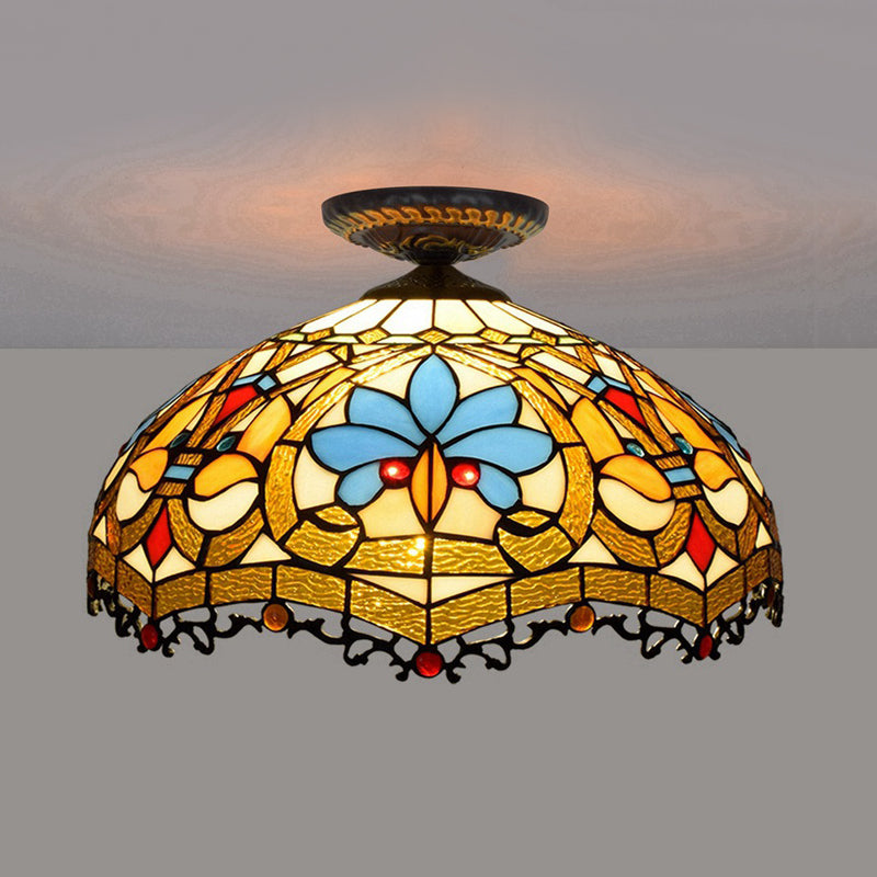 12"/16" W Baroque Scalloped Flush Mount Lighting 1 Bulb Handcrafted Stained Glass Ceiling Lamp in Black Black 16" Clearhalo 'Ceiling Lights' 'Close To Ceiling Lights' 'Close to ceiling' 'Flush mount' Lighting' 297580