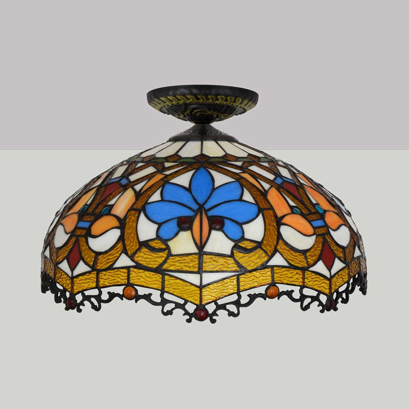 12"/16" W Baroque Scalloped Flush Mount Lighting 1 Bulb Handcrafted Stained Glass Ceiling Lamp in Black Clearhalo 'Ceiling Lights' 'Close To Ceiling Lights' 'Close to ceiling' 'Flush mount' Lighting' 297581