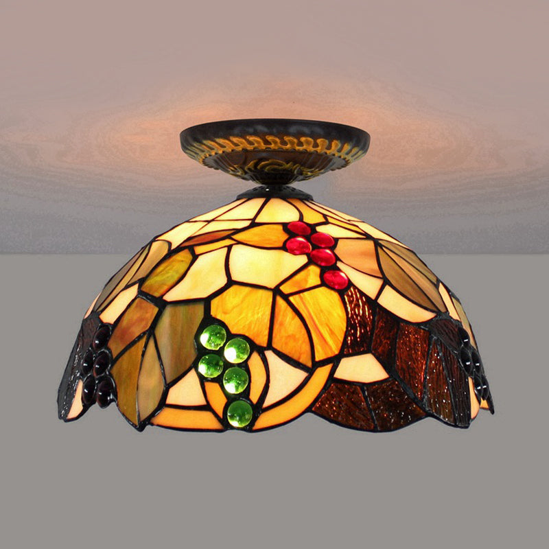 1 Light Grape Ceiling Lighting Tiffany Brass Stained Glass Flush Mount Light, 12"/16" W Brass 12" Clearhalo 'Ceiling Lights' 'Close To Ceiling Lights' 'Close to ceiling' 'Flush mount' Lighting' 297584