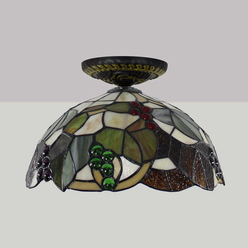 1 Light Grape Ceiling Lighting Tiffany Brass Stained Glass Flush Mount Light, 12"/16" W Clearhalo 'Ceiling Lights' 'Close To Ceiling Lights' 'Close to ceiling' 'Flush mount' Lighting' 297585