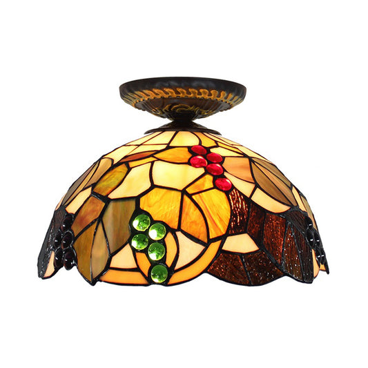 1 Light Grape Ceiling Lighting Tiffany Brass Stained Glass Flush Mount Light, 12"/16" W Clearhalo 'Ceiling Lights' 'Close To Ceiling Lights' 'Close to ceiling' 'Flush mount' Lighting' 297586