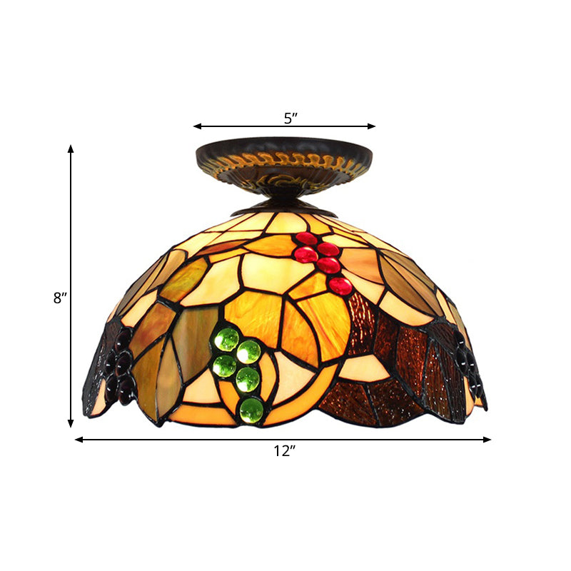 1 Light Grape Ceiling Lighting Tiffany Brass Stained Glass Flush Mount Light, 12"/16" W Clearhalo 'Ceiling Lights' 'Close To Ceiling Lights' 'Close to ceiling' 'Flush mount' Lighting' 297587