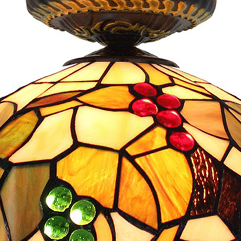 1 Light Grape Ceiling Lighting Tiffany Brass Stained Glass Flush Mount Light, 12"/16" W Clearhalo 'Ceiling Lights' 'Close To Ceiling Lights' 'Close to ceiling' 'Flush mount' Lighting' 297588
