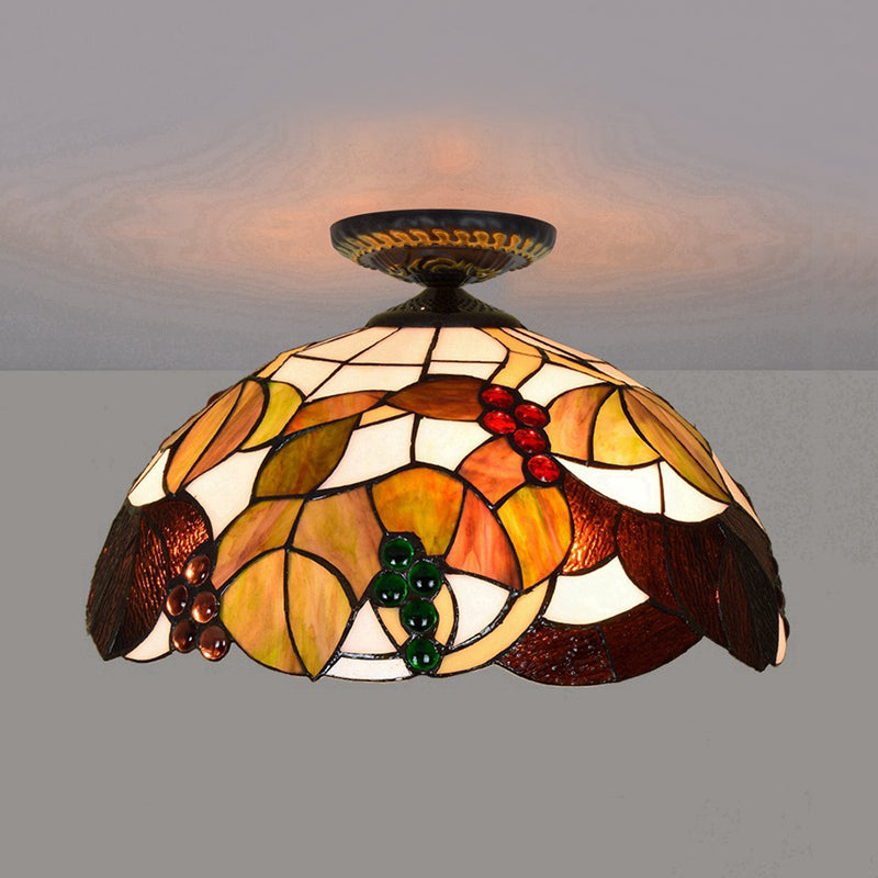1 Light Grape Ceiling Lighting Tiffany Brass Stained Glass Flush Mount Light, 12"/16" W Brass 16" Clearhalo 'Ceiling Lights' 'Close To Ceiling Lights' 'Close to ceiling' 'Flush mount' Lighting' 297589