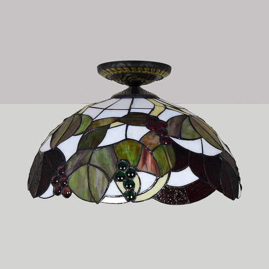 1 Light Grape Ceiling Lighting Tiffany Brass Stained Glass Flush Mount Light, 12"/16" W Clearhalo 'Ceiling Lights' 'Close To Ceiling Lights' 'Close to ceiling' 'Flush mount' Lighting' 297590