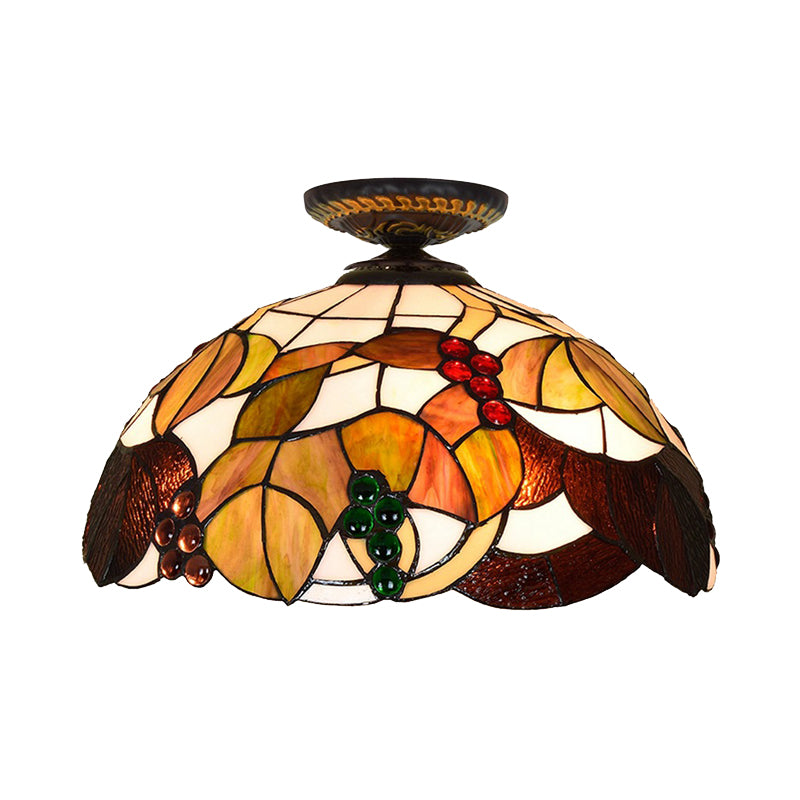 1 Light Grape Ceiling Lighting Tiffany Brass Stained Glass Flush Mount Light, 12"/16" W Clearhalo 'Ceiling Lights' 'Close To Ceiling Lights' 'Close to ceiling' 'Flush mount' Lighting' 297591