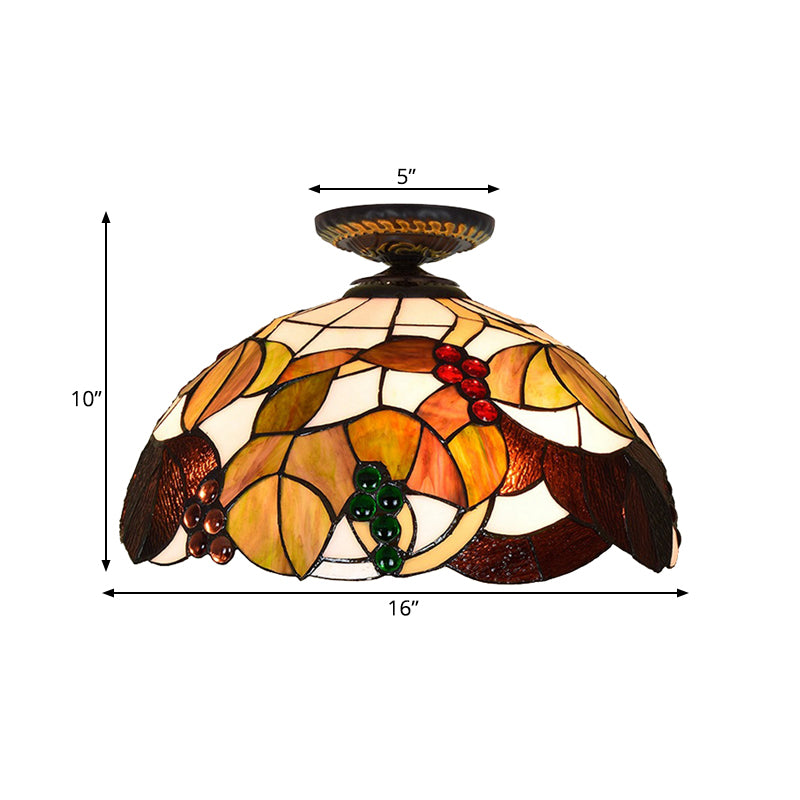 1 Light Grape Ceiling Lighting Tiffany Brass Stained Glass Flush Mount Light, 12"/16" W Clearhalo 'Ceiling Lights' 'Close To Ceiling Lights' 'Close to ceiling' 'Flush mount' Lighting' 297592
