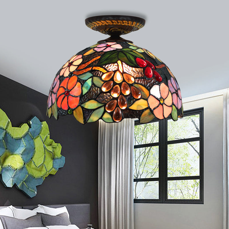 Stained Glass Blossom Ceiling Fixture Tiffany 1 Light Brass Flushmount Ceiling Lamp, 12"/16" W Brass Clearhalo 'Ceiling Lights' 'Close To Ceiling Lights' 'Close to ceiling' 'Flush mount' Lighting' 297593