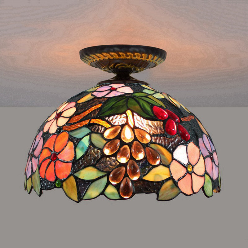 Stained Glass Blossom Ceiling Fixture Tiffany 1 Light Brass Flushmount Ceiling Lamp, 12"/16" W Clearhalo 'Ceiling Lights' 'Close To Ceiling Lights' 'Close to ceiling' 'Flush mount' Lighting' 297594