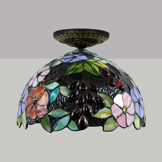 Stained Glass Blossom Ceiling Fixture Tiffany 1 Light Brass Flushmount Ceiling Lamp, 12"/16" W Clearhalo 'Ceiling Lights' 'Close To Ceiling Lights' 'Close to ceiling' 'Flush mount' Lighting' 297595