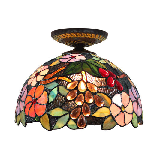 Stained Glass Blossom Ceiling Fixture Tiffany 1 Light Brass Flushmount Ceiling Lamp, 12"/16" W Clearhalo 'Ceiling Lights' 'Close To Ceiling Lights' 'Close to ceiling' 'Flush mount' Lighting' 297596