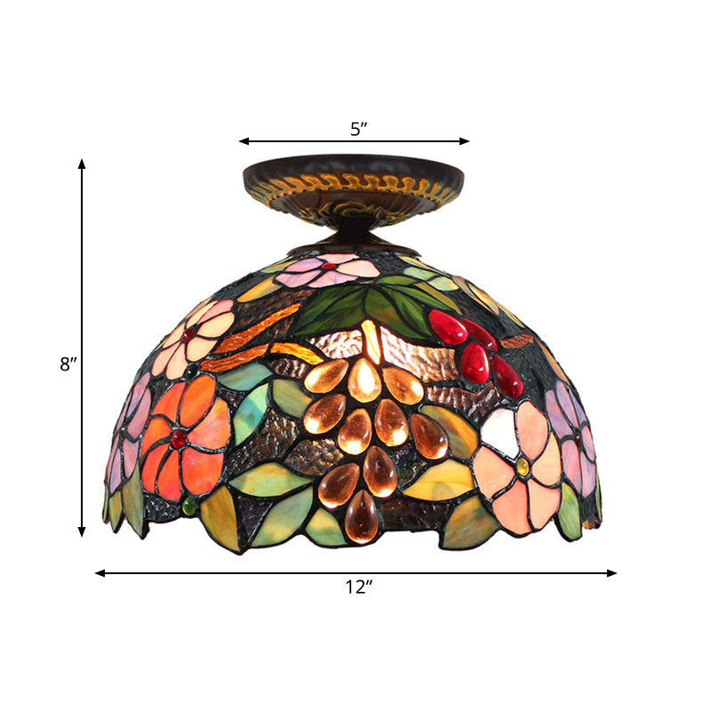 Stained Glass Blossom Ceiling Fixture Tiffany 1 Light Brass Flushmount Ceiling Lamp, 12"/16" W Clearhalo 'Ceiling Lights' 'Close To Ceiling Lights' 'Close to ceiling' 'Flush mount' Lighting' 297597