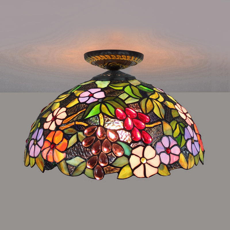 Stained Glass Blossom Ceiling Fixture Tiffany 1 Light Brass Flushmount Ceiling Lamp, 12"/16" W Clearhalo 'Ceiling Lights' 'Close To Ceiling Lights' 'Close to ceiling' 'Flush mount' Lighting' 297598