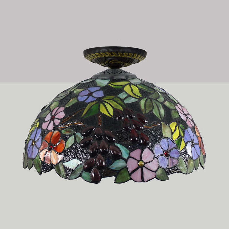 Stained Glass Blossom Ceiling Fixture Tiffany 1 Light Brass Flushmount Ceiling Lamp, 12"/16" W Clearhalo 'Ceiling Lights' 'Close To Ceiling Lights' 'Close to ceiling' 'Flush mount' Lighting' 297599
