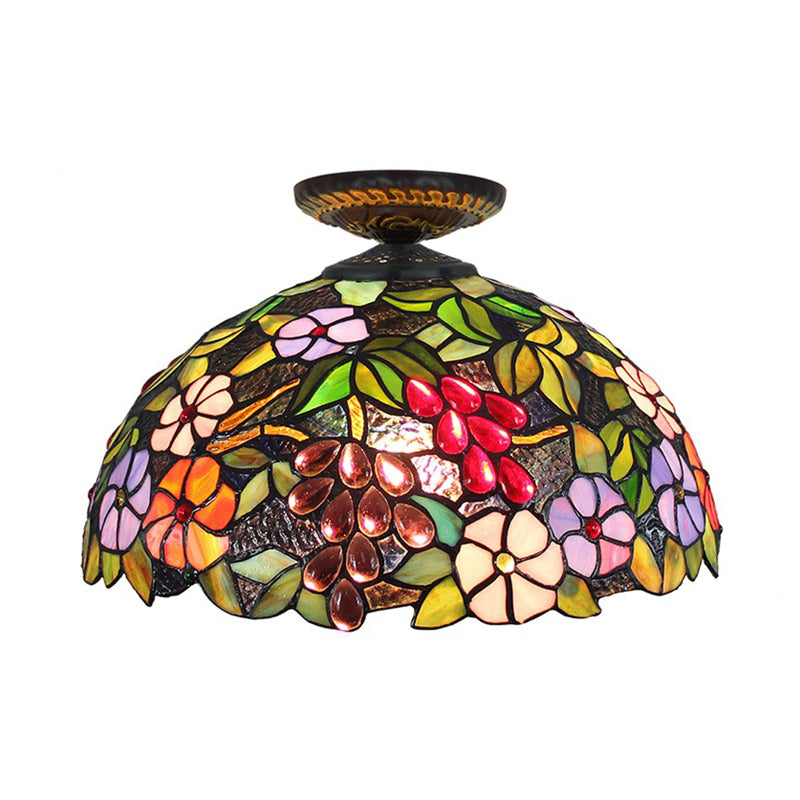 Stained Glass Blossom Ceiling Fixture Tiffany 1 Light Brass Flushmount Ceiling Lamp, 12"/16" W Clearhalo 'Ceiling Lights' 'Close To Ceiling Lights' 'Close to ceiling' 'Flush mount' Lighting' 297600