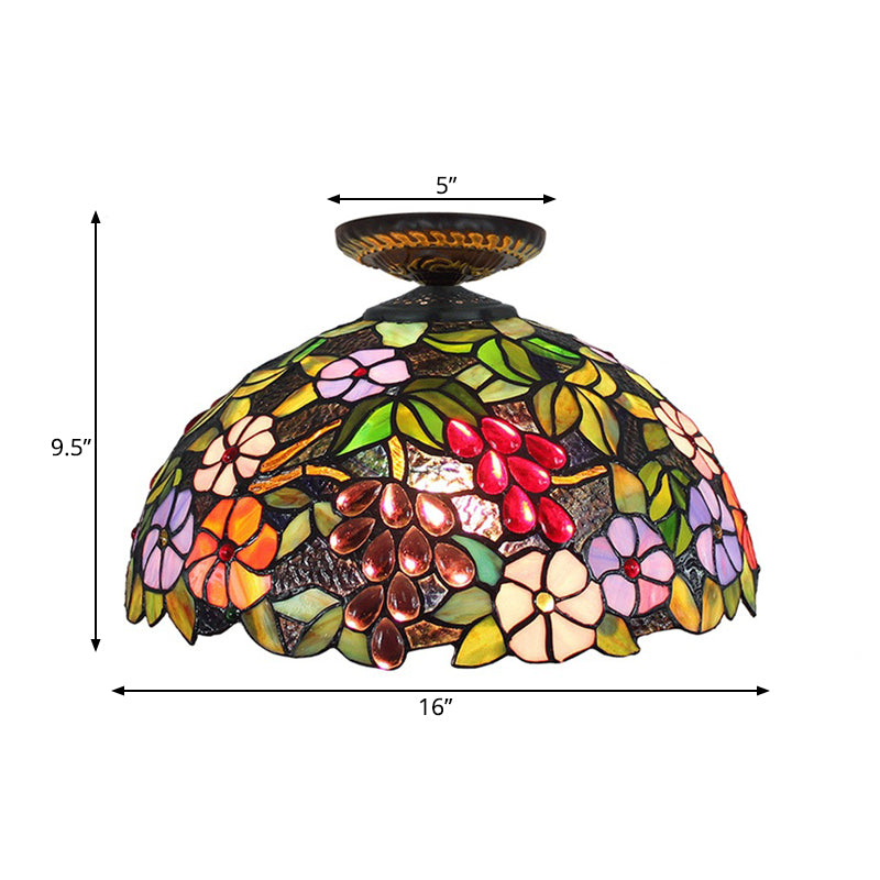 Stained Glass Blossom Ceiling Fixture Tiffany 1 Light Brass Flushmount Ceiling Lamp, 12"/16" W Clearhalo 'Ceiling Lights' 'Close To Ceiling Lights' 'Close to ceiling' 'Flush mount' Lighting' 297601