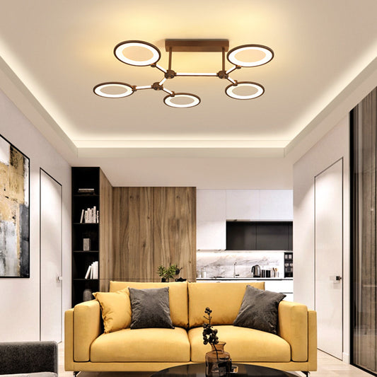 Circle Ring Living Room Semi Flush Mount Fixture Acrylic 5 Lights Contemporary Ceiling Lamp in Coffee Coffee Clearhalo 'Ceiling Lights' 'Close To Ceiling Lights' 'Close to ceiling' 'Semi-flushmount' Lighting' 297668