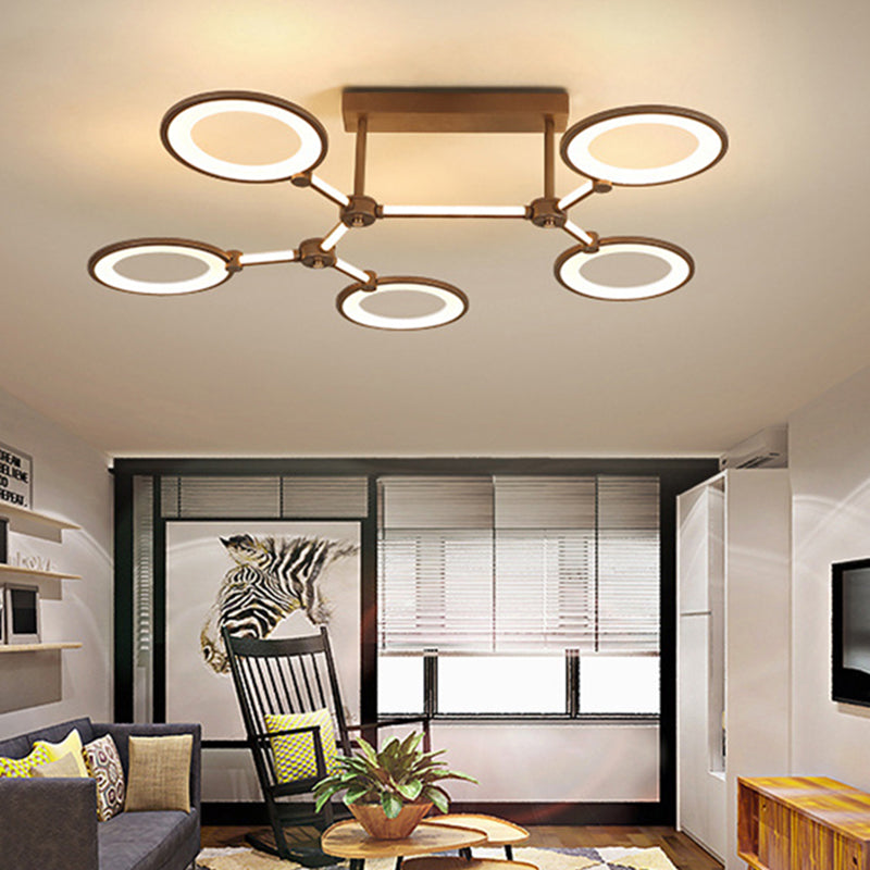 Circle Ring Living Room Semi Flush Mount Fixture Acrylic 5 Lights Contemporary Ceiling Lamp in Coffee Clearhalo 'Ceiling Lights' 'Close To Ceiling Lights' 'Close to ceiling' 'Semi-flushmount' Lighting' 297669