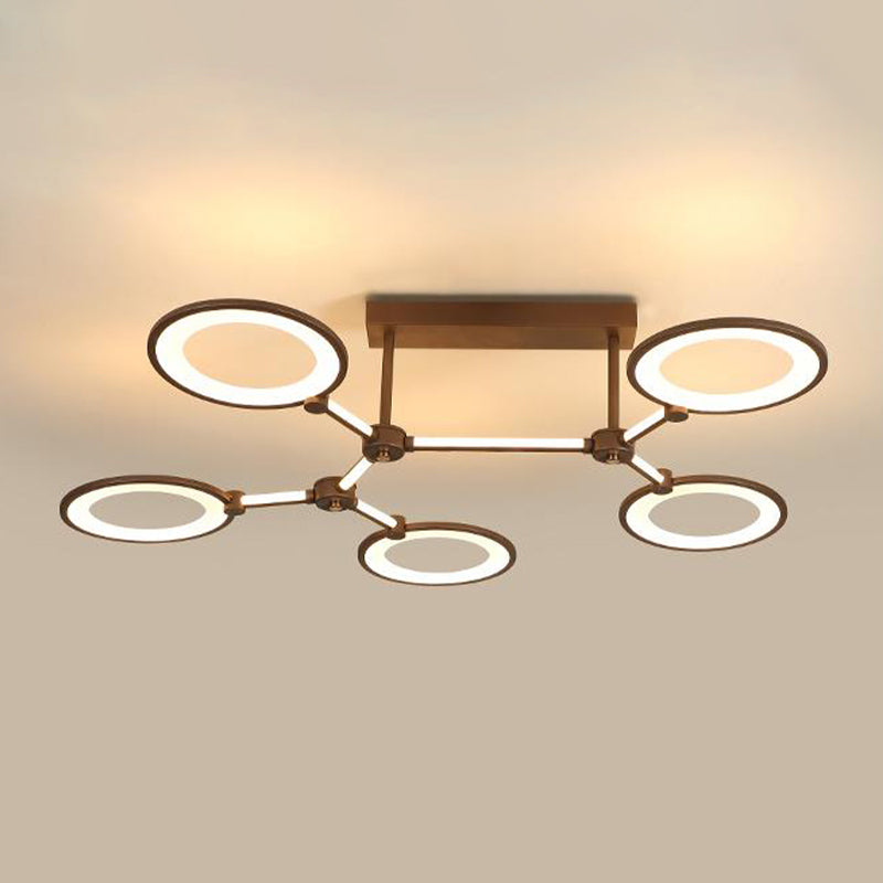 Circle Ring Living Room Semi Flush Mount Fixture Acrylic 5 Lights Contemporary Ceiling Lamp in Coffee Clearhalo 'Ceiling Lights' 'Close To Ceiling Lights' 'Close to ceiling' 'Semi-flushmount' Lighting' 297670