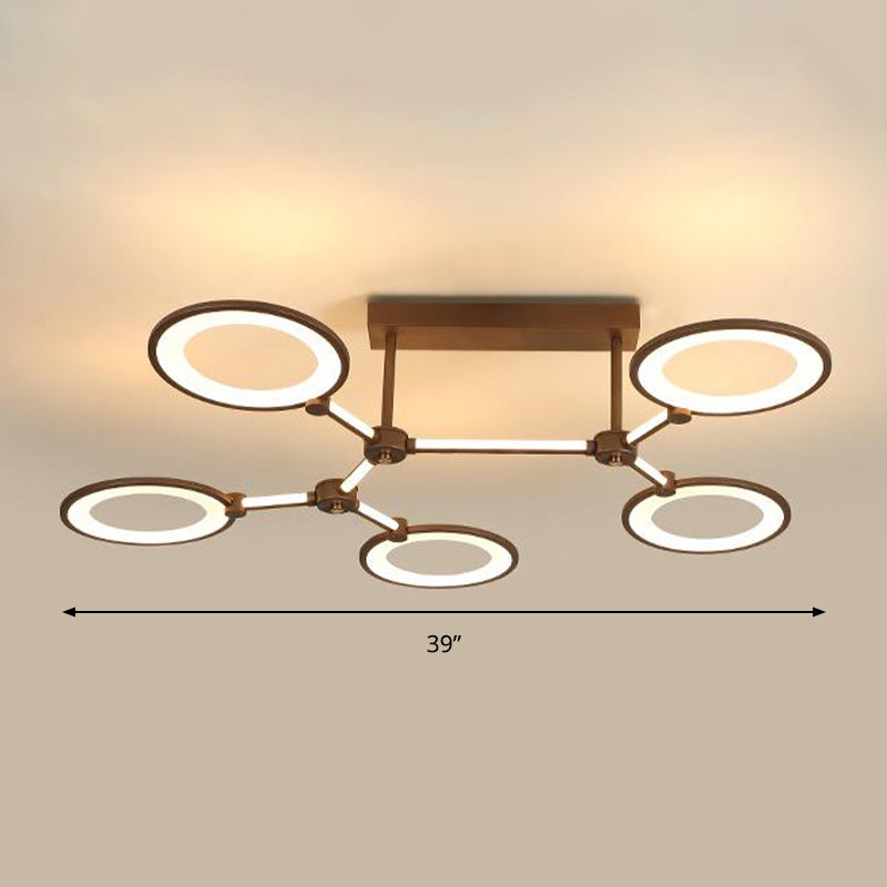 Circle Ring Living Room Semi Flush Mount Fixture Acrylic 5 Lights Contemporary Ceiling Lamp in Coffee Clearhalo 'Ceiling Lights' 'Close To Ceiling Lights' 'Close to ceiling' 'Semi-flushmount' Lighting' 297671