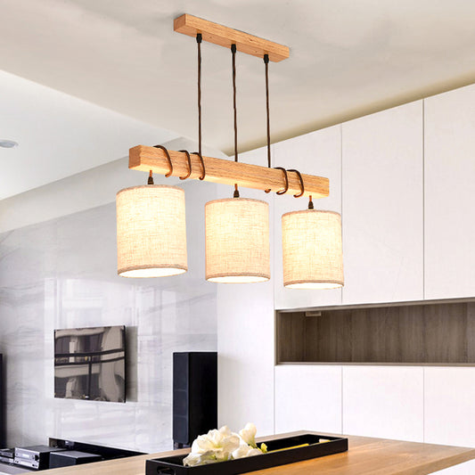 Modern Cylinder Island Lighting Fabric 3 Heads Dining Room Hanging Ceiling Light in Wood Wood Clearhalo 'Ceiling Lights' 'Island Lights' Lighting' 297707