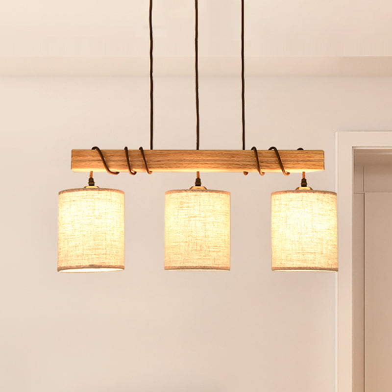 Modern Cylinder Island Lighting Fabric 3 Heads Dining Room Hanging Ceiling Light in Wood Clearhalo 'Ceiling Lights' 'Island Lights' Lighting' 297708