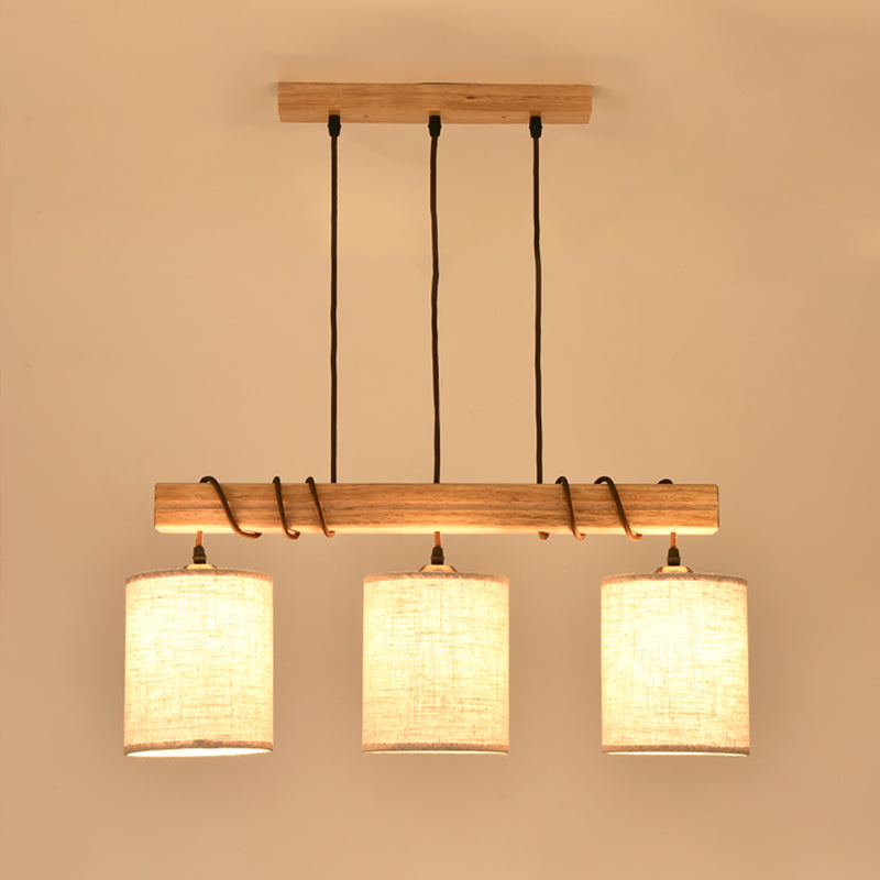 Modern Cylinder Island Lighting Fabric 3 Heads Dining Room Hanging Ceiling Light in Wood Clearhalo 'Ceiling Lights' 'Island Lights' Lighting' 297710