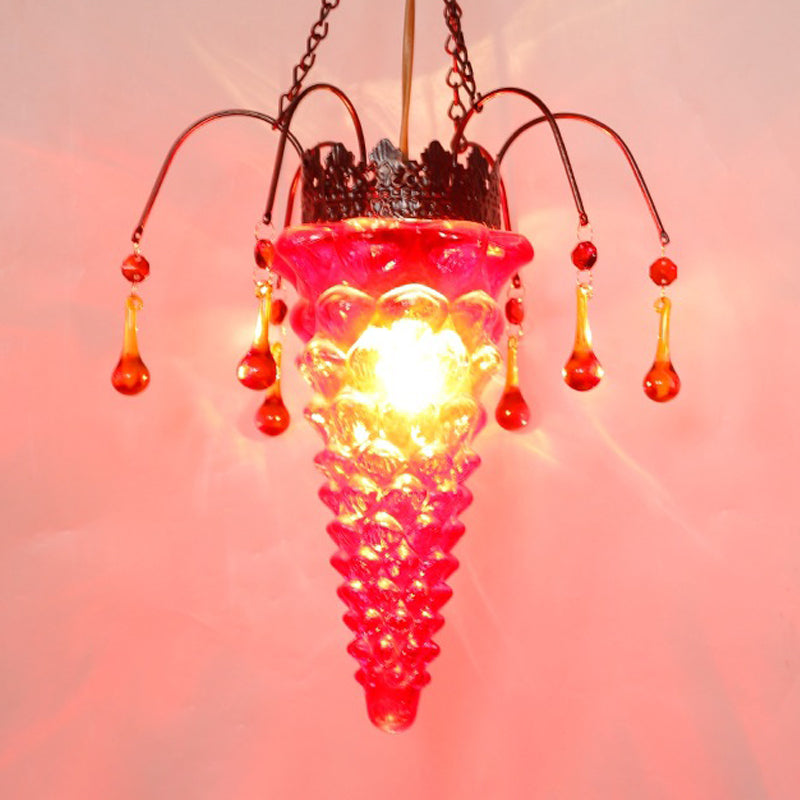 Textured Glass Conical Ceiling Pendant Light Vintage 1 Light Red/Yellow/Blue Dining Room Suspension Lighting Fixture Red Clearhalo 'Ceiling Lights' 'Glass shade' 'Glass' 'Pendant Lights' 'Pendants' Lighting' 297807