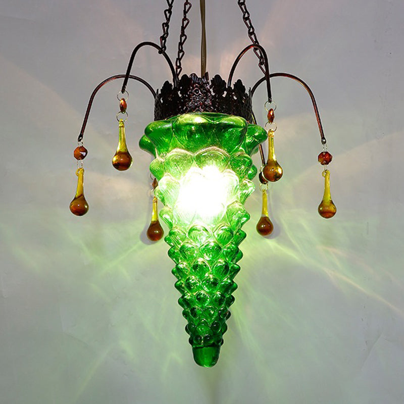 Textured Glass Conical Ceiling Pendant Light Vintage 1 Light Red/Yellow/Blue Dining Room Suspension Lighting Fixture Green Clearhalo 'Ceiling Lights' 'Glass shade' 'Glass' 'Pendant Lights' 'Pendants' Lighting' 297808
