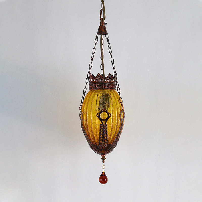 Moroccan Oval Pendant Light Fixture 1 Light Red/Yellow/Blue Textured Glass Suspension Lamp for Dining Room Yellow Clearhalo 'Ceiling Lights' 'Glass shade' 'Glass' 'Pendant Lights' 'Pendants' Lighting' 297813