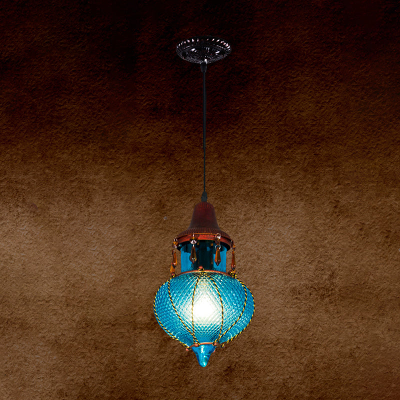 1 Light Pendant Lamp Moroccan Urn Shaped Red/Yellow/Blue Glass Hanging Light Kit for Coffee Shop Blue Clearhalo 'Ceiling Lights' 'Glass shade' 'Glass' 'Pendant Lights' 'Pendants' Lighting' 297817