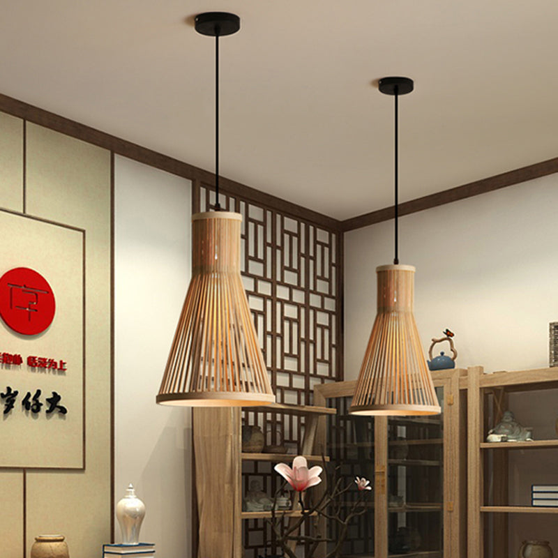 Cone Pendant Light Fixture Modern Bamboo 16"/18"/23.5" H 1 Light Beige/Brown Down Lighting for Dining Room Clearhalo 'Ceiling Lights' 'Modern Pendants' 'Modern' 'Pendant Lights' 'Pendants' Lighting' 297834