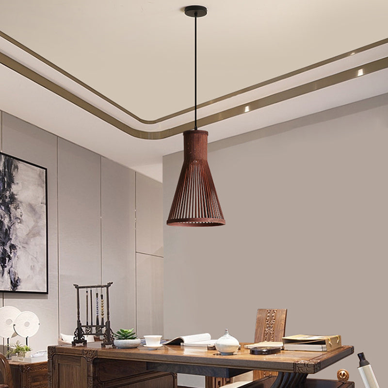 Cone Pendant Light Fixture Modern Bamboo 16"/18"/23.5" H 1 Light Beige/Brown Down Lighting for Dining Room Brown Clearhalo 'Ceiling Lights' 'Modern Pendants' 'Modern' 'Pendant Lights' 'Pendants' Lighting' 297838