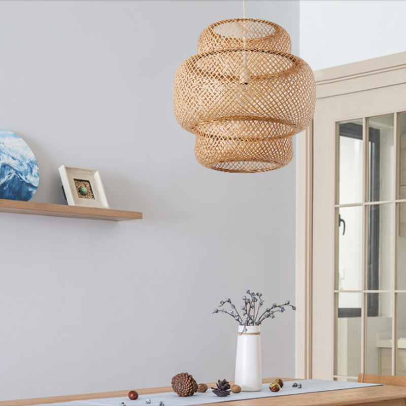 Tiered Dining Room Suspension Pendant Light Bamboo 15"/19.5" W 1 Light Asia Ceiling Lamp in Beige Beige Clearhalo 'Ceiling Lights' 'Modern Pendants' 'Modern' 'Pendant Lights' 'Pendants' Lighting' 297840