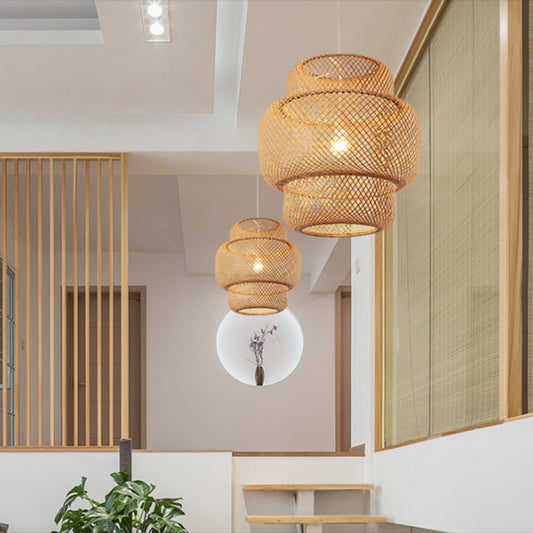 Tiered Dining Room Suspension Pendant Light Bamboo 15"/19.5" W 1 Light Asia Ceiling Lamp in Beige Clearhalo 'Ceiling Lights' 'Modern Pendants' 'Modern' 'Pendant Lights' 'Pendants' Lighting' 297841