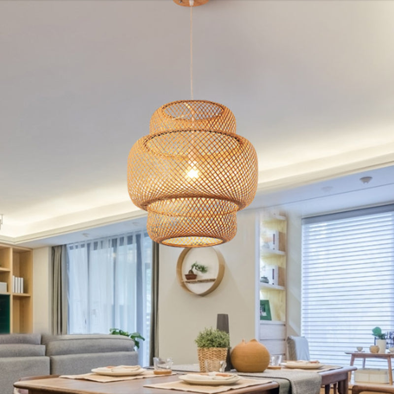 Tiered Dining Room Suspension Pendant Light Bamboo 15"/19.5" W 1 Light Asia Ceiling Lamp in Beige Clearhalo 'Ceiling Lights' 'Modern Pendants' 'Modern' 'Pendant Lights' 'Pendants' Lighting' 297842