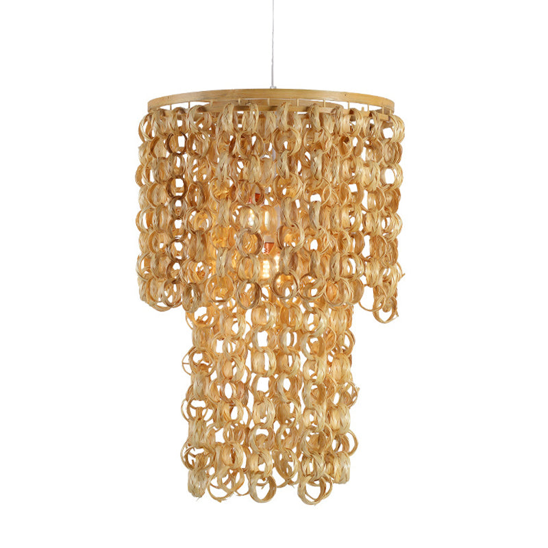 Beige Round Ceiling Light Contemporary 1 Light Bamboo Pendant Lamp with Tassel Deco Clearhalo 'Ceiling Lights' 'Modern Pendants' 'Modern' 'Pendant Lights' 'Pendants' Lighting' 297871