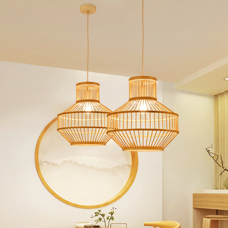 1 Light Dining Room Drop Pendant Modern Beige Ceiling Lamp with Round Bamboo Shade Beige Clearhalo 'Ceiling Lights' 'Pendant Lights' 'Pendants' Lighting' 297872_840b2c4f-788c-47fe-8644-934df118032d