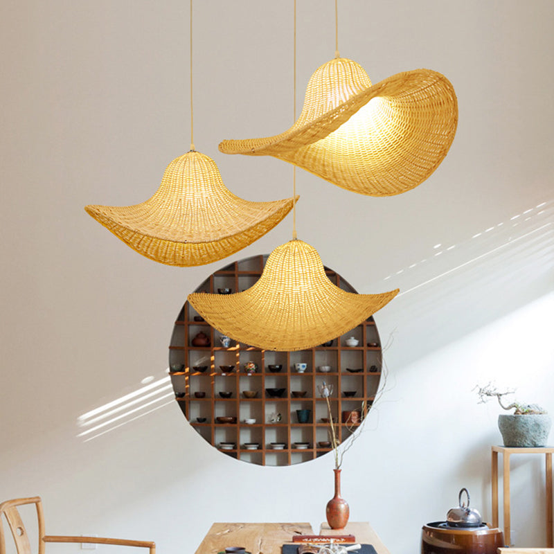 Beige Cap Shaped Hanging Light Modern 1 Light Bamboo Ceiling Pendant Lamp for Dining Room Clearhalo 'Ceiling Lights' 'Pendant Lights' 'Pendants' Lighting' 297885