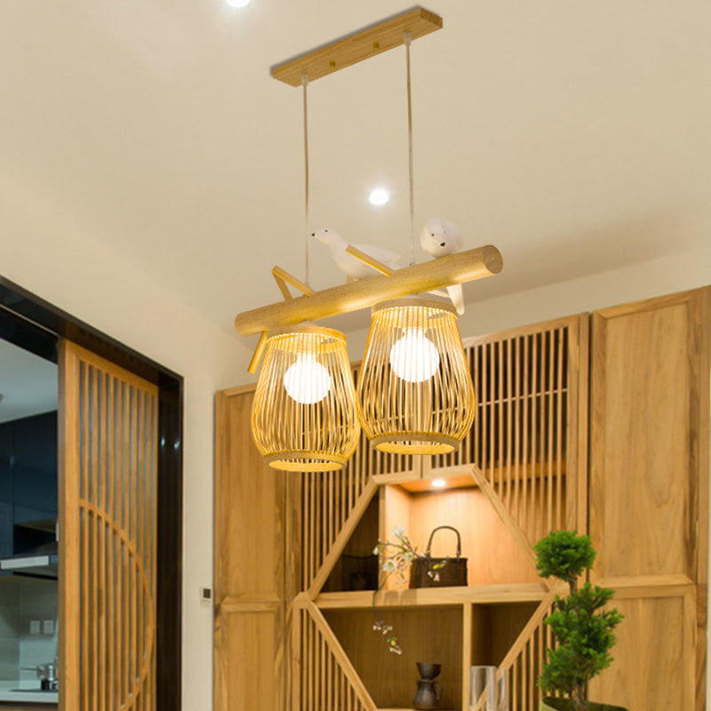 2/3 Lights Dining Room Island Pendant Beige Hanging Lamp with Barrel Bamboo Shade 2 Beige Clearhalo 'Ceiling Lights' 'Island Lights' Lighting' 297888