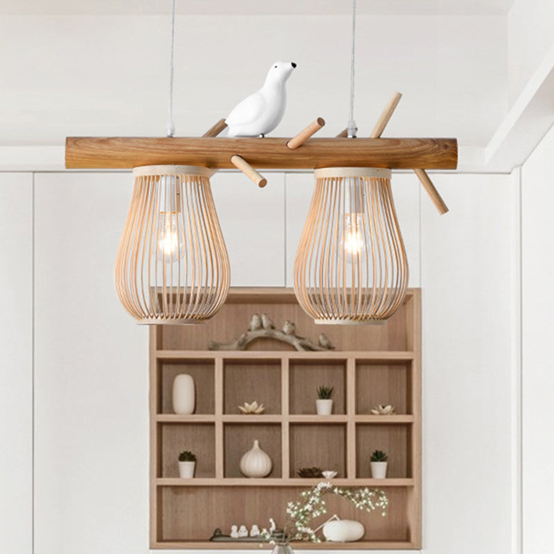 2/3 Lights Dining Room Island Pendant Beige Hanging Lamp with Barrel Bamboo Shade Clearhalo 'Ceiling Lights' 'Island Lights' Lighting' 297889