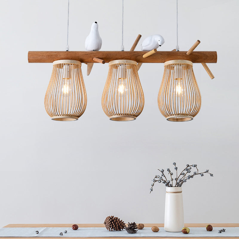 2/3 Lights Dining Room Island Pendant Beige Hanging Lamp with Barrel Bamboo Shade 3 Beige Clearhalo 'Ceiling Lights' 'Island Lights' Lighting' 297891