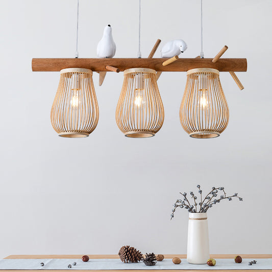 2/3 Lights Dining Room Island Pendant Beige Hanging Lamp with Barrel Bamboo Shade 3 Beige Clearhalo 'Ceiling Lights' 'Island Lights' Lighting' 297891