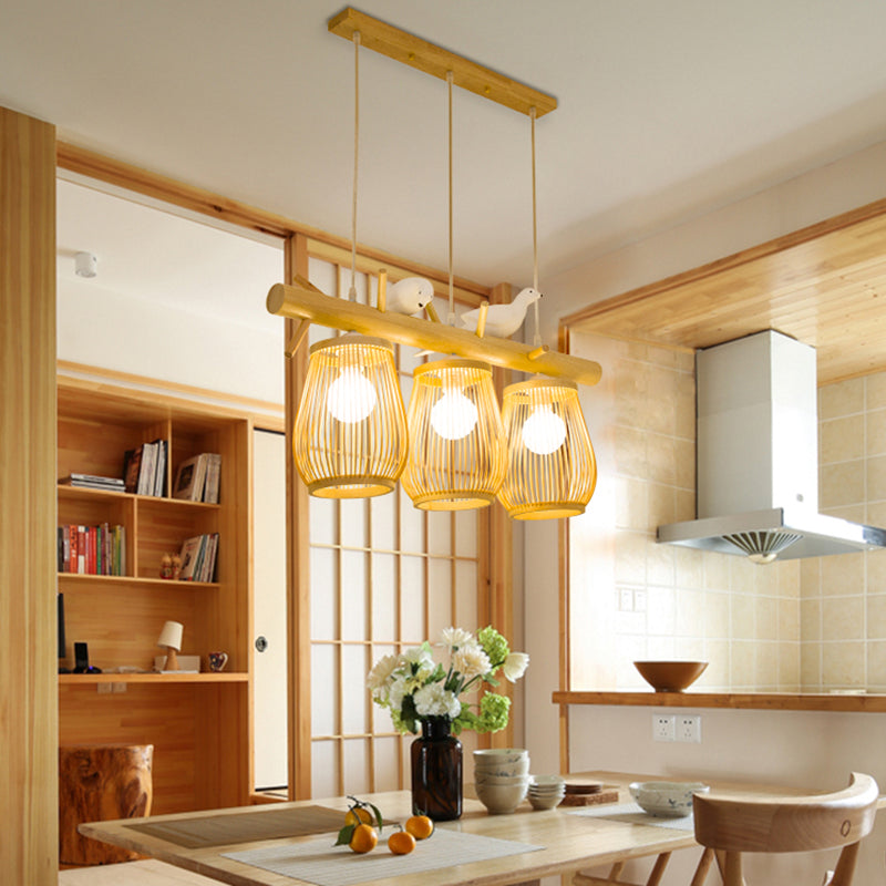 2/3 Lights Dining Room Island Pendant Beige Hanging Lamp with Barrel Bamboo Shade Clearhalo 'Ceiling Lights' 'Island Lights' Lighting' 297892