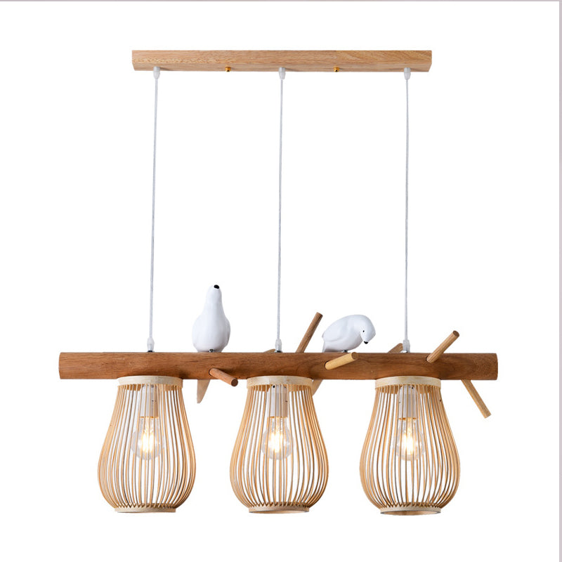 2/3 Lights Dining Room Island Pendant Beige Hanging Lamp with Barrel Bamboo Shade Clearhalo 'Ceiling Lights' 'Island Lights' Lighting' 297893