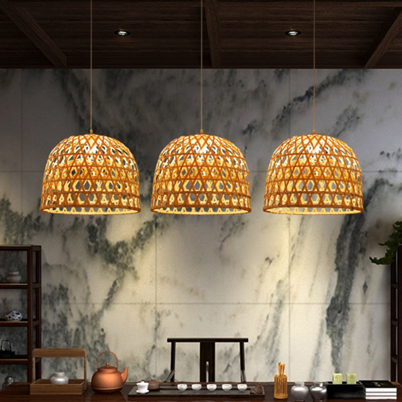 14"/19.5" W Modern Dome Bamboo Pendant Lighting 1 Light Ceiling Lamp in Beige for Dining Room Clearhalo 'Ceiling Lights' 'Modern Pendants' 'Modern' 'Pendant Lights' 'Pendants' Lighting' 297915