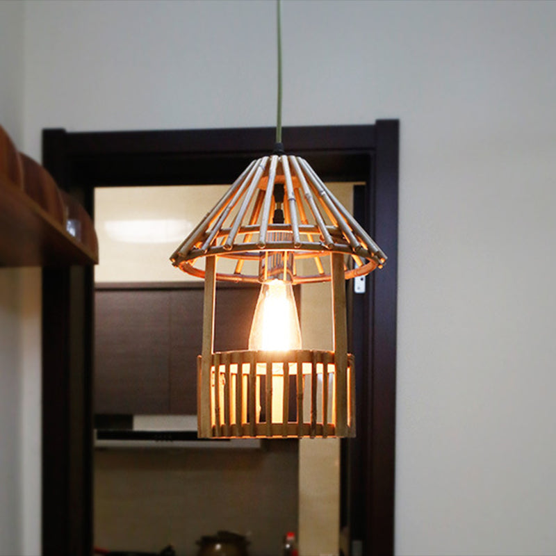 Pavilion Shaped Pendant Lamp Asia Bamboo 1 Light Dining Room Hanging Lamp Kit in Wood Wood Clearhalo 'Ceiling Lights' 'Modern Pendants' 'Modern' 'Pendant Lights' 'Pendants' Lighting' 297930