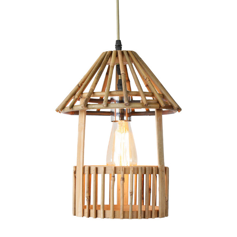 Pavilion Shaped Pendant Lamp Asia Bamboo 1 Light Dining Room Hanging Lamp Kit in Wood Clearhalo 'Ceiling Lights' 'Modern Pendants' 'Modern' 'Pendant Lights' 'Pendants' Lighting' 297933