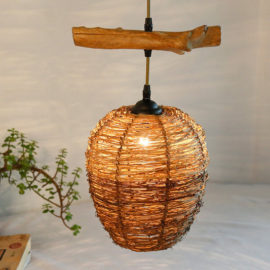 Ball Rattan Pendant Light Fixture Modern 1 Light Brown Hanging Lamp Kit for Dining Room Brown Clearhalo 'Ceiling Lights' 'Modern Pendants' 'Modern' 'Pendant Lights' 'Pendants' Lighting' 297946