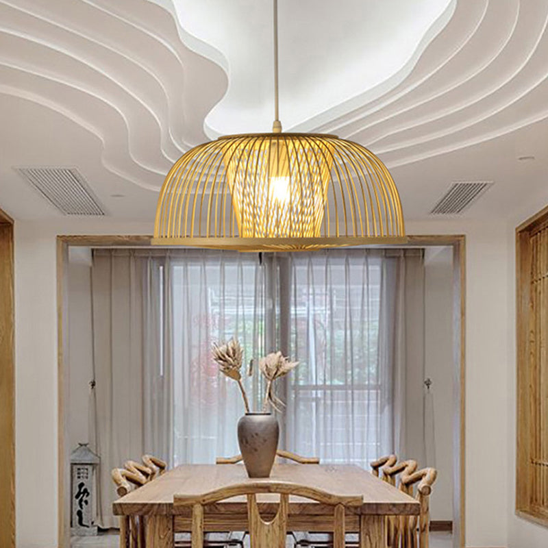 Domed Dining Room Suspension Pendant Bamboo 1 Light Modern Hanging Light Kit in Beige Clearhalo 'Ceiling Lights' 'Modern Pendants' 'Modern' 'Pendant Lights' 'Pendants' Lighting' 298018